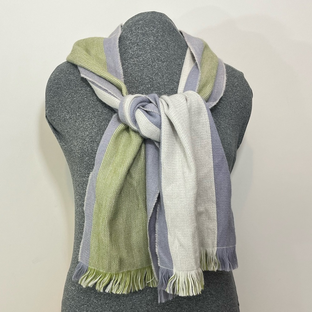 Shupaca Scarf, 70% alpaca, made in Peru, green periwinkle blue, cream